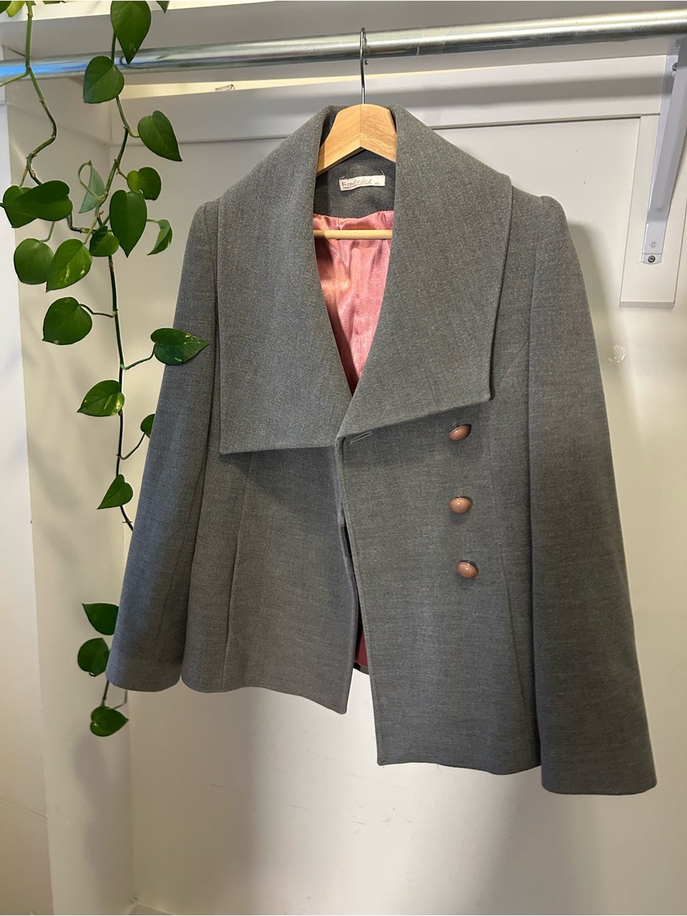 Wool-Blend Grey Women's Peacoat Jacket with Pink Lining